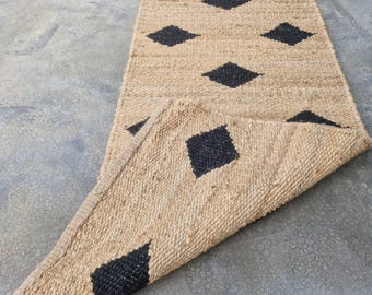 Hemp Jute Runner Rug, Handwoven Diamond Pattern Rug, Natural Beige Black Hallway Runner, Boho Minimalist Entryway Carpet