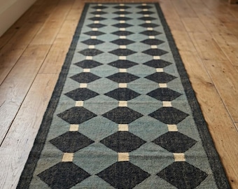 Handwoven Wool Jute Kilim Runner Rug| Boho Hallway Stair Runner, Entryway Rug, Custom Size Indian Dhurrie, premium Wool Jute Runner