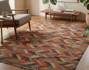 Handwoven Chevron Area Rug - Terracotta Orange Wool Jute Flatweave Carpet - Multi Color Zigzag Geometric Large Floor Decor