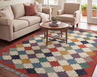 Handwoven Multi Color Chevron Area Rug, Large Bohemian Herringbone Kilim, Colorful Geometric Living Room Decor
