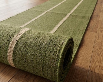 Handwoven Wool Jute Kilim Runner Rug Modern Geometric Design Dhurrie Rug Vintage Southwestern Runner-Rug Custom Size Rug
