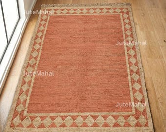 Terracotta Jute Rug, Handwoven Neutral Area Rug, Minimalist Boho Farmhouse Carpet, Warm Tone Living Room Rug, Natural Fiber Home Decor