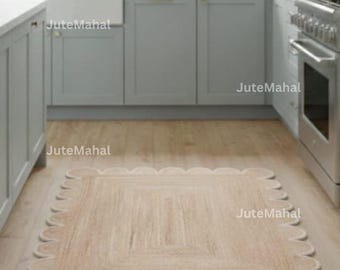 Scalloped Jute Rug, Handwoven Natural Area Rug, Doormat