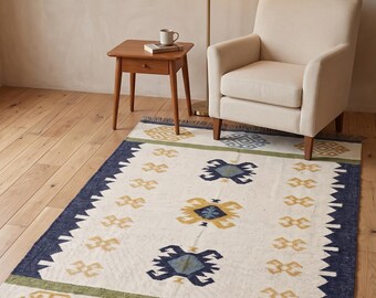 Santa Fe Jute Wool Area Rug, Native American Motif Kilim Carpet, Handwoven Desert Dhurrie, Southwestern Foyer Entryway Floor Runner Mat