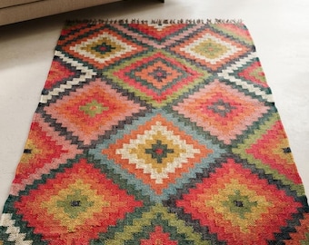 Handwoven Wool Jute Rug, Colorful Geometric Kilim Area Rug, Southwestern Boho Flatweave Rug with Tassels
