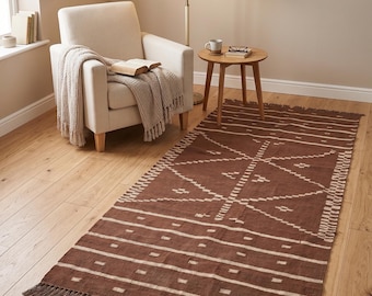 Handwoven Wool Jute Kilim Runner Rug,Modern Geometric Design Dhurrie Rug,Vintage Southwestern Runner-Rug