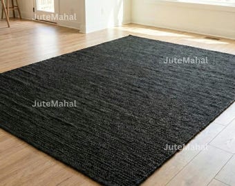 Handmade Black Jute Rug, Bohemian Modern Area Rug, Natural Fiber Home Decor Carpet