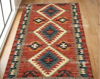 Handwoven Wool Jute Rug, Southwestern Tribal Area Rug, Red Boho Kilim Style Carpet, Geometric Pattern Living Room Rug, Rustic Home Decor