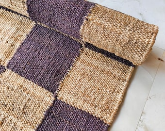 Checkered Hemp Jute Rug Runner, Purple Checkerboard Natural Fiber Hallway Runner, Handwoven Flatweave Area Rug, Custom Size Hemp Rug