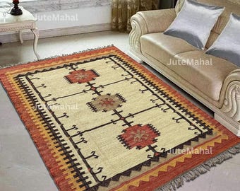 Ivory Wool Jute Kilim Rug - Tribal Medallion Area Rug - Geometric Bohemian Carpet with Fringes - Handwoven Neutral Living Room Rug - Custom