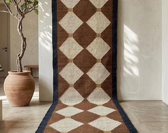 Handwoven Wool Jute Kilim Runner - Traditional Southwestern Tribal Rug - Boho Hallway Carpet - Custom Size Turkish Style Runner