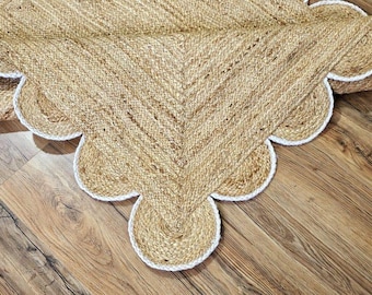Scalloped Jute Rug with White Border - Handwoven Natural Fiber Area Rug - Boho Nursery Rug - Custom Size Rug for Living Room - Jute Mahal