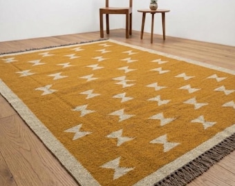 Mustard Yellow Scandinavian Kilim Rug - Mid Century Modern Flatweave Wool Rug - Geometric Ochre Area Rug Boho Home Decor Custom Size