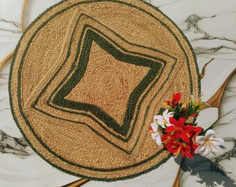 Round Green Star Jute Rug - Natural Braided Circular Area Rug - Boho Modern Nursery Carpet - Handwoven 100% Jute Floor Mat - Custom Size