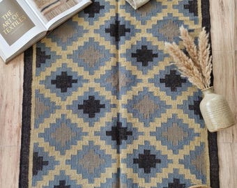 Blue Geometric Wool Jute Kilim Rug - Custom Size Flatweave Indian Dhurrie, Scandinavian Boho Tribal Area Rug for Living Room Bedroom Decor