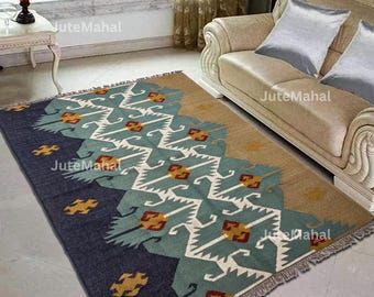 Handwoven Wool Jute Rug Abstract Boho Area Rug Modern Tribal Carpet Living Room Bedroom Decor Artistic Kilim Style Rug Custom Size