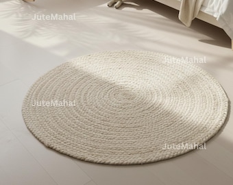 Hand Woven Round Jute Rug, Bohemian Rustic Area Carpet