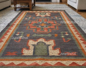 Handwoven Wool Jute Kilim Rug, Geometric Southwestern Decor,5x8 kilim rug