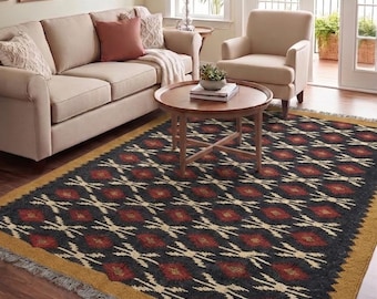 Handmade Southwestern Kilim Rug with Tribal Symbols - Rust and Charcoal Earth Tone Area Rug