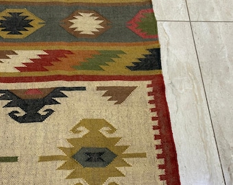 Cream Wool Jute Kilim Rug - Minimalist Black Medallion Area Rug -Boho Tribal Carpet with Fringes - Handwoven Neutral Living Room Rug  Custom