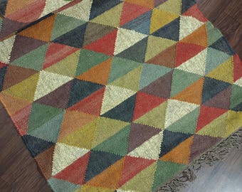 Colorful Geometric Kilim Runner Rug, Handwoven Diamond Pattern Hallway Carpet, Textured Boho Kitchen Floor Mat, Aesthetic Housewarming Gift