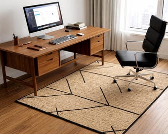 Minimalist Jute Rug with Black Lines, Handwoven Modern Area Rug, Scandinavian Boho Carpet, Neutral Natural Fiber Rug, Living Room Decor