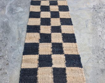 Checkered Hemp Jute Runner Rug, Handwoven Black Beige Hallway Rug, Modern Farmhouse Kitchen Runner, Natural Fiber Carpet
