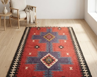 Handwoven Wool Jute Rug, Southwestern Tribal Area Rug, Red Boho Kilim Style Carpet, Geometric Pattern Living Room Rug, Rustic Home Decor
