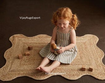 Scalloped Jute Rug, Handwoven Natural Fiber Area Rug, Wavy Edge Beige Carpet, Boho Farmhouse Living Room Rug, Custom Size Available