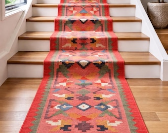 Handwoven Kilim Runner Rug - Coral Pink and Sage Green Tribal Staircase Carpet - Colorful Geometric Aztec Diamond Long Floor Decor