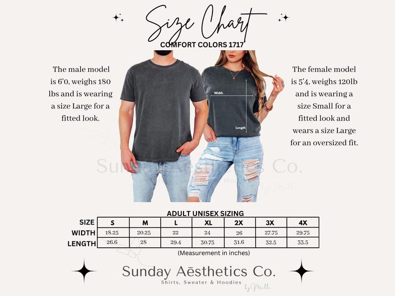 May include: A size chart for Comfort Colors 1717 t-shirts featuring a table with adult unisex sizing in inches. The chart displays width and length measurements for sizes small through 4XL, alongside text detailing model sizing and fit preferences.