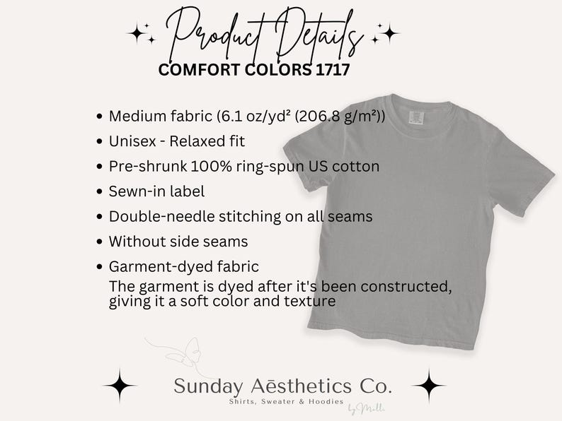 May include: A grey short-sleeve t-shirt with text listing product details including Comfort Colors 1717, medium fabric 6.1 oz/yd2, unisex relaxed fit, pre-shrunk 100% ring-spun US cotton, sewn-in label, double-needle stitching, and garment-dyed fabric.