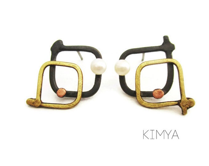 Abstract Stud Earrings Geometric Square Earrings Oxidized Silver Stud ...