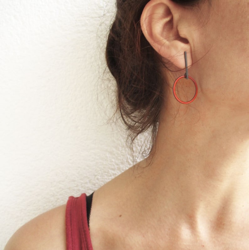 Enamel Drop Oxidized Earring Enameled Earrings Black Silver Post Earring Contemporary Jewelry Oxidized Red Earring Minimalist Earrings