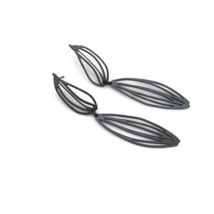 Botanical Oxidized Silver Drop Earrings, Two Piece Long Linear Black Silver Earrings , Unique Designer Earrings, Contemporary Art Jewelry image 5