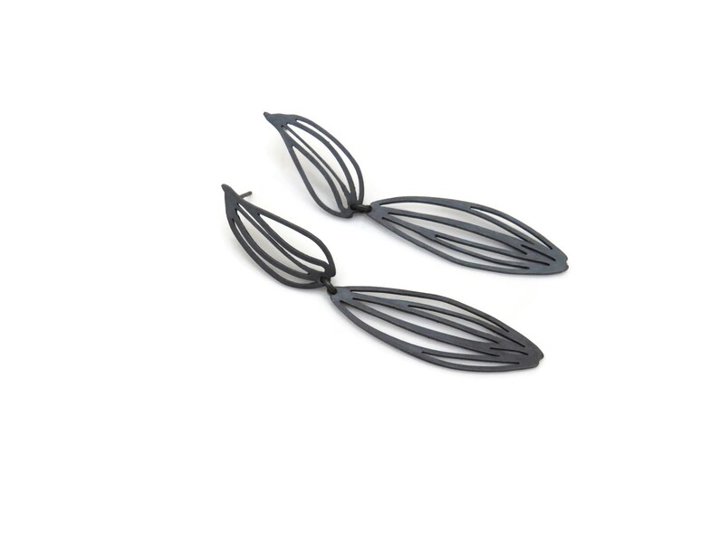 Botanical Oxidized Silver Drop Earrings, Two Piece Long Linear Black Silver Earrings , Unique Designer Earrings, Contemporary Art Jewelry image 5