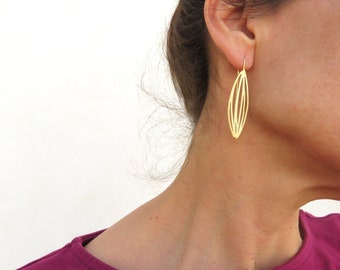 Gold Plated Dangle Earrings with Botanical Design in Long Leaf Pattern, Unique Golden Earrings, Contemporary Gold Plated Jewelry