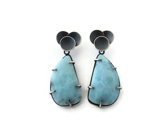 Unique Larimar Earrings in Oxidized Silver, Rose Cut Larimar Drop Earring in Black Silver, Contemporary Design, Art Modern Gemstone Jewelry