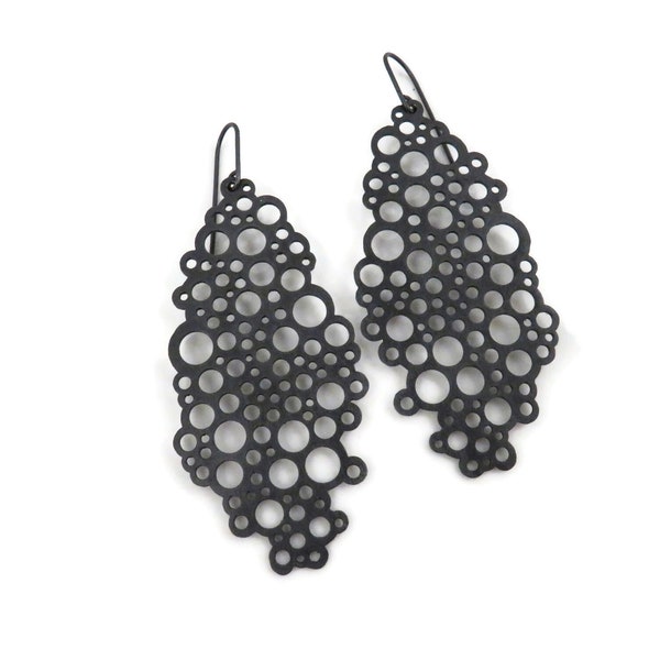 Geometric Oxidized Silver Dangle Earrings, Extra Large Bold Circles Black Earrings, Long Unusual Contemporary Earrings, Unique Black Jewelry