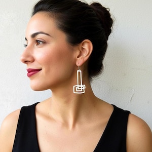 Eye-catching Extra Long Dangle Silver Earrings, Sculptural Rectangular Earrings, Organic Geometric Earrings, Modern Statement Large Earrings