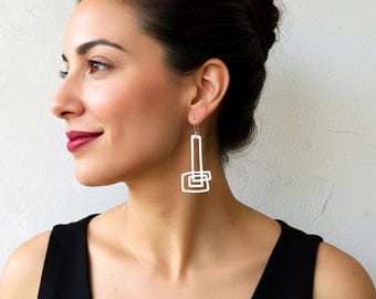 Boucles d'oreilles pendantes extra longues en argent, boucles d'oreilles rectangulaires sculpturales, boucles d'oreilles géométriques organiques, grandes boucles d'oreilles modernes