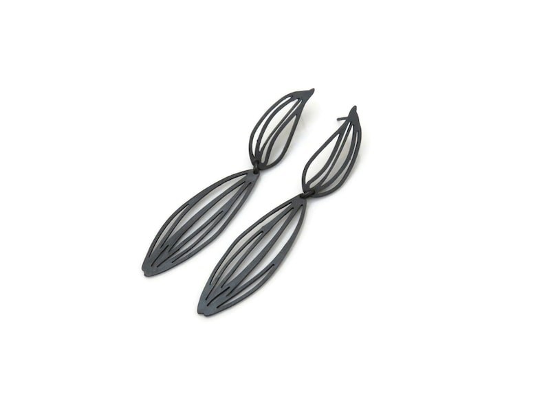 Botanical Oxidized Silver Drop Earrings, Two Piece Long Linear Black Silver Earrings , Unique Designer Earrings, Contemporary Art Jewelry image 6