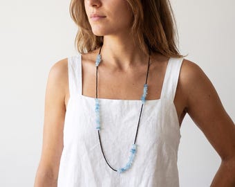 Collier long en aigue-marine orné de perles Miyuki, bijou moderne en pierre précieuse, design minimaliste