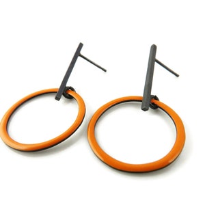Orange Enamel Hoops Earrings, Oxidized Silver Earrings, Bright Orange Earrings, Colorful Earrings, Minimalist Fashion Earrings, Unique Jewel