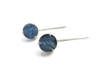 Azurite Druse Silver Dangle Earrings, Rough Stone Earrings, Modern Raw Blue Stone Silver Earrings, Handcrafted Earrings, Author's Jewelry