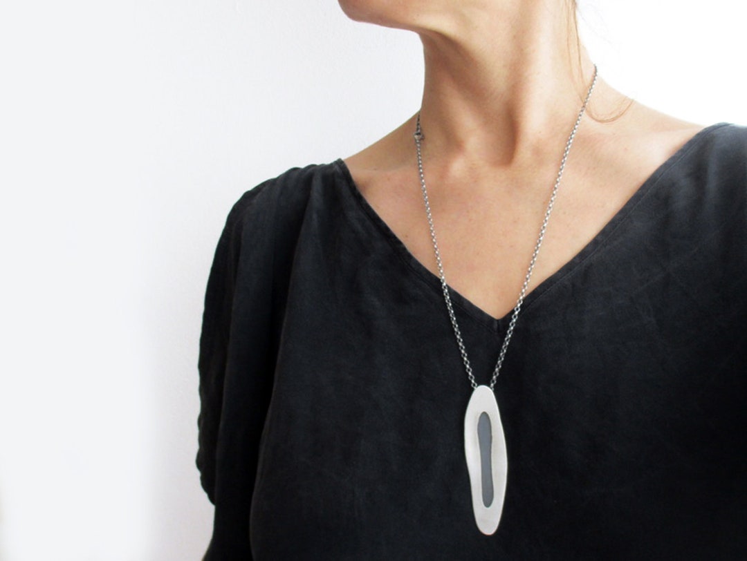 Organic Silver Pendant, Contemporary Pendant in Oxidized Silver, Long Chain Pendant, Large ...