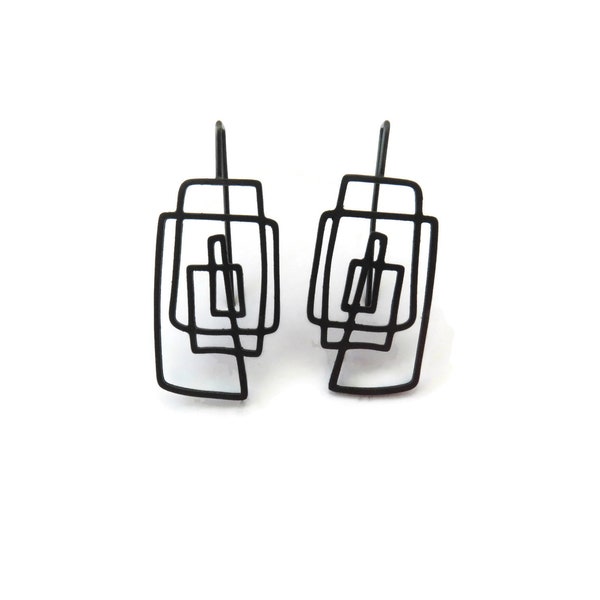 Oxidized Silver Geometric Long Earrings, Architectural Lines Earrings, Unique and Unusual Earrings, Wearable Art, Contemporary Jewelry