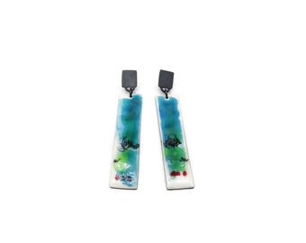Longues boucles d'oreilles pendantes en argent oxydé, aquarelle, bijou contemporain