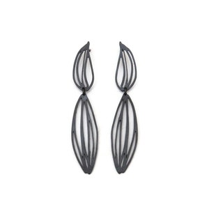 Botanical Oxidized Silver Drop Earrings, Two Piece Long Linear Black Silver Earrings , Unique Designer Earrings, Contemporary Art Jewelry image 1