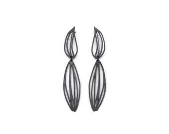 Botanical Oxidized Silver Drop Earrings, Two Piece Long Linear Black Silver Earrings , Unique Designer Earrings, Contemporary Art Jewelry